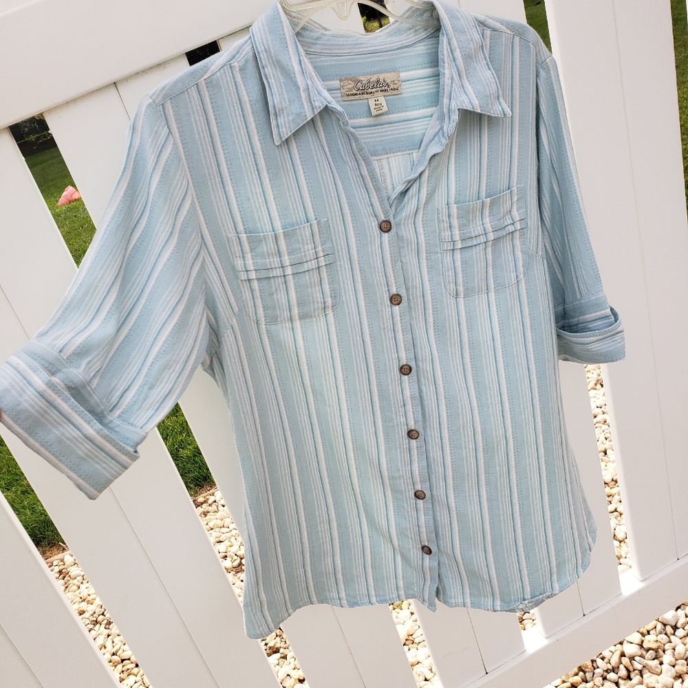 Cabela's Blue Striped Button Up Collared Top